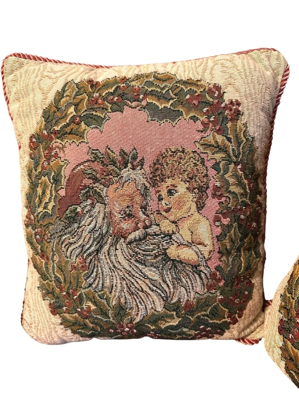 Christmas Pillow Santa Tapestry Corded Pink Back Riverdale Made USA Set Of 2
